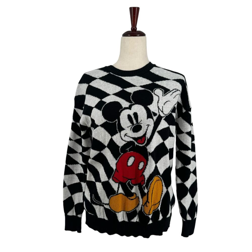 Disney Mickey Mouse‎ Checkered Sweater S Cotton Blend Black White Retro
